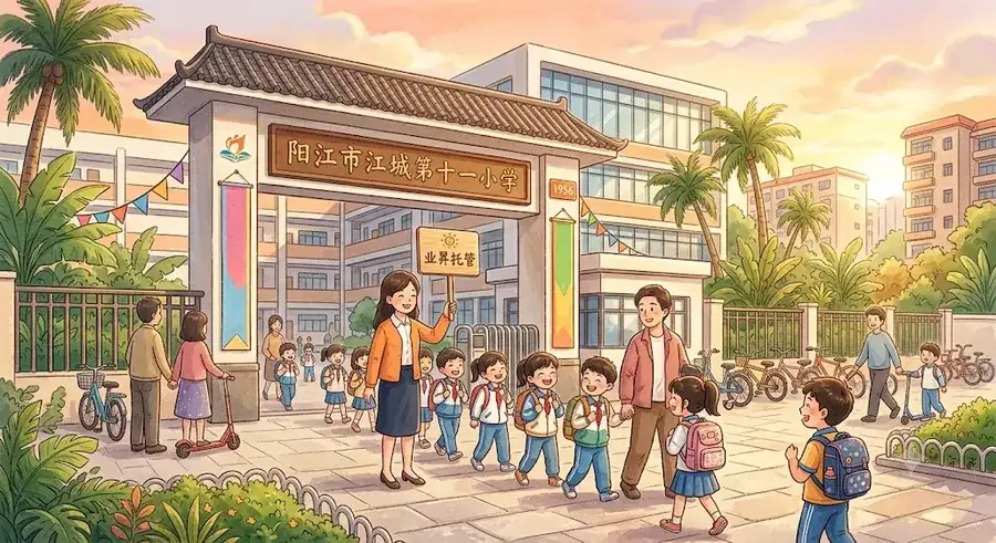 放学时段业昇托管老师在阳江市江城第十一小学门口接学生